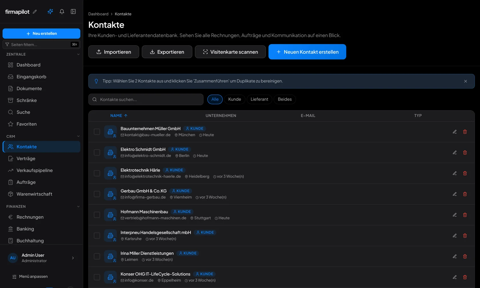 FirmaPilot Kontakte — Kunden, Lieferanten und Ansprechpartner