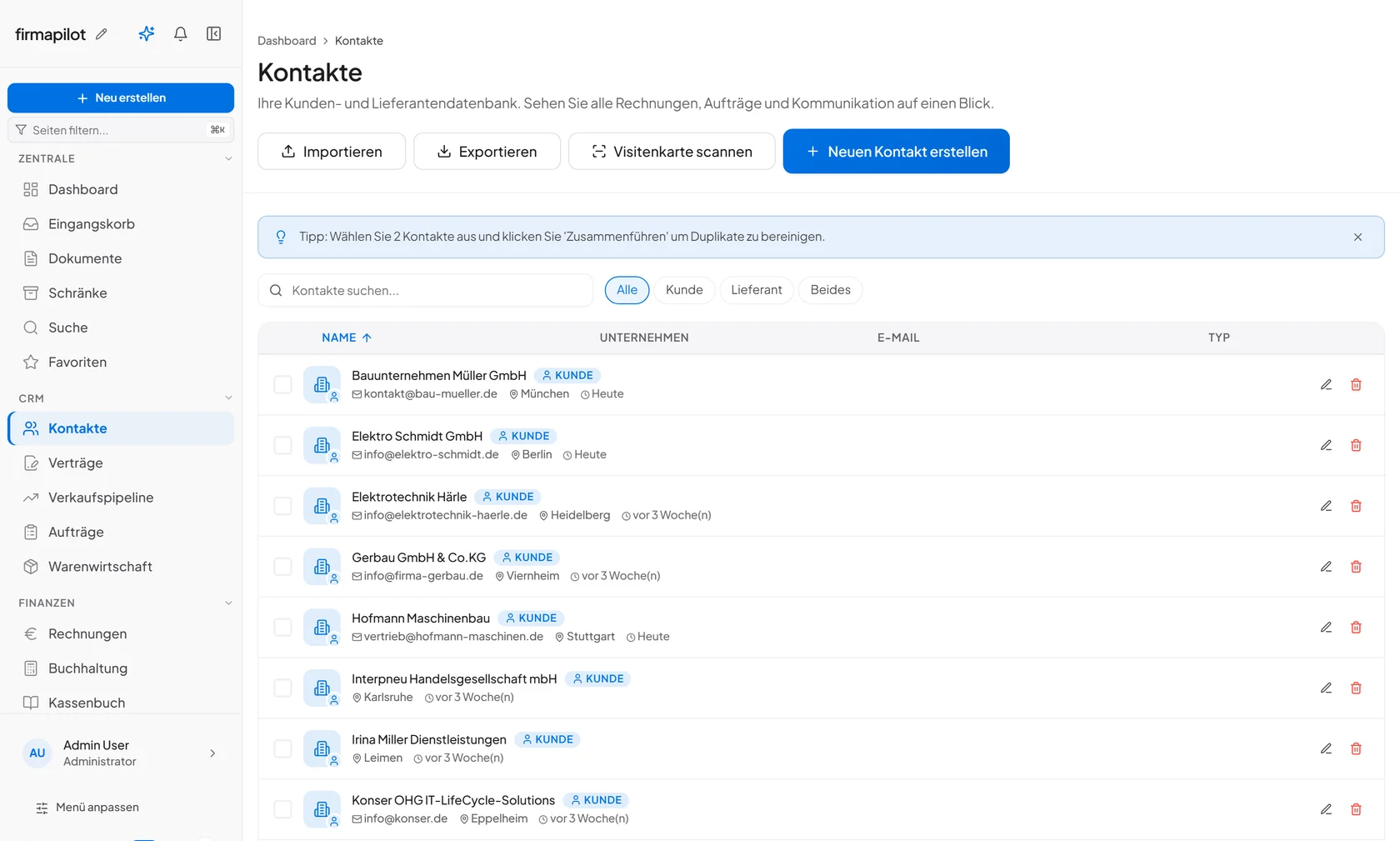 FirmaPilot Kontakte — Kunden, Lieferanten und Ansprechpartner