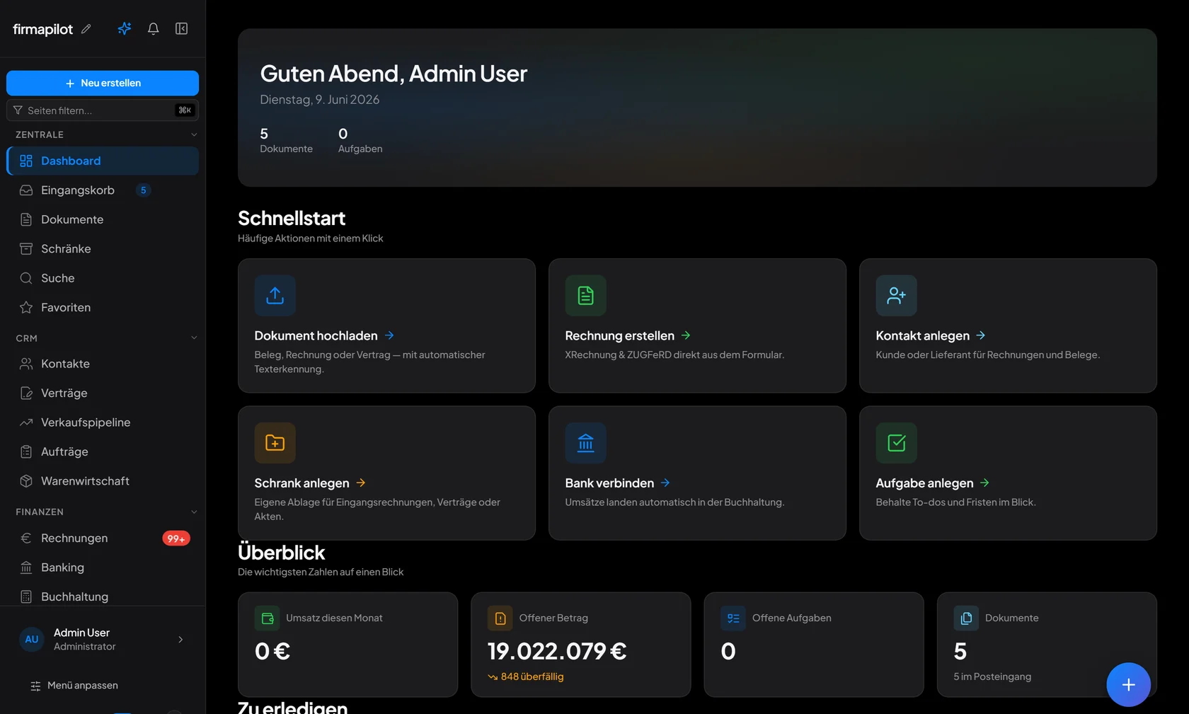 FirmaPilot Dashboard — Aufgaben, Belege, Rechnungen und Kennzahlen im Überblick