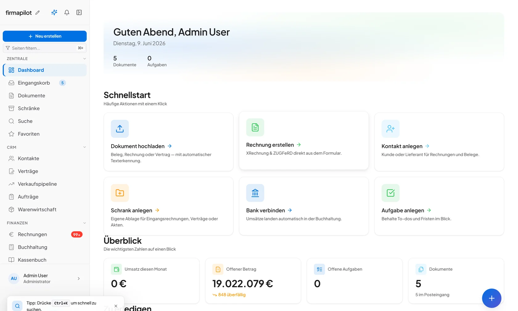 FirmaPilot Dashboard — Aufgaben, Belege, Rechnungen und Kennzahlen im Überblick