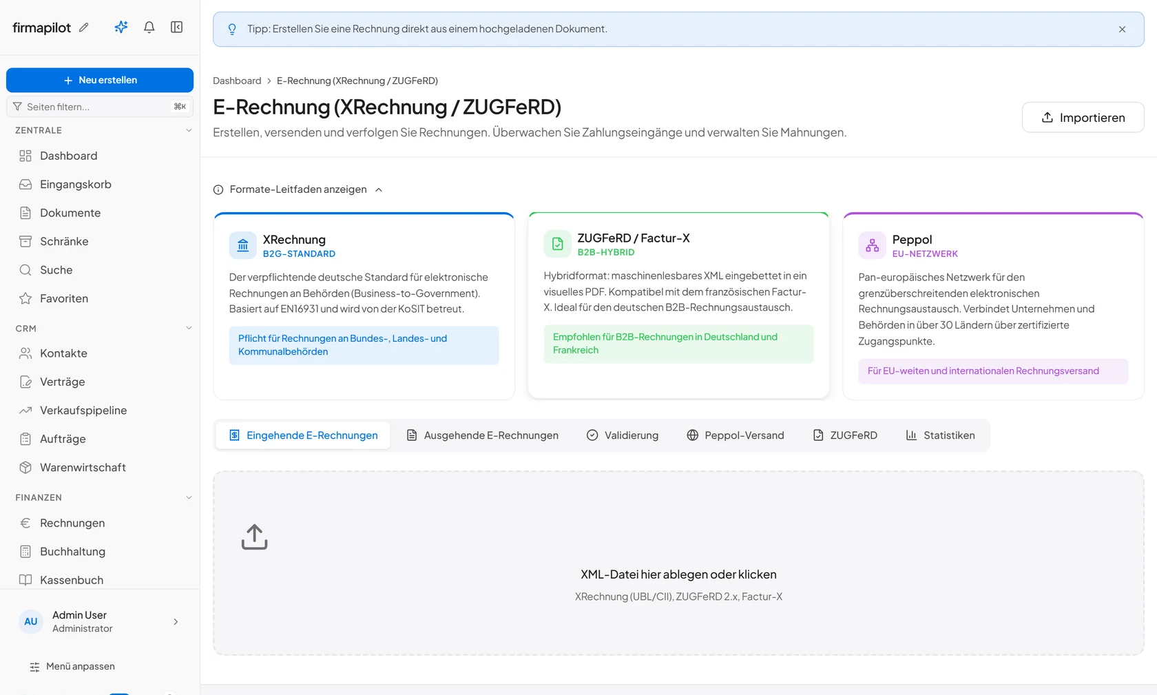 FirmaPilot E-Rechnung — XRechnung, ZUGFeRD und Peppol in einer Oberfläche